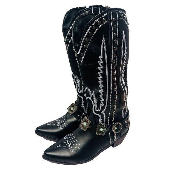Boots Womens Sparks Fly Tall Black Leather Silver‎ Studded Western Size 7.5 - Picture 1 of 6